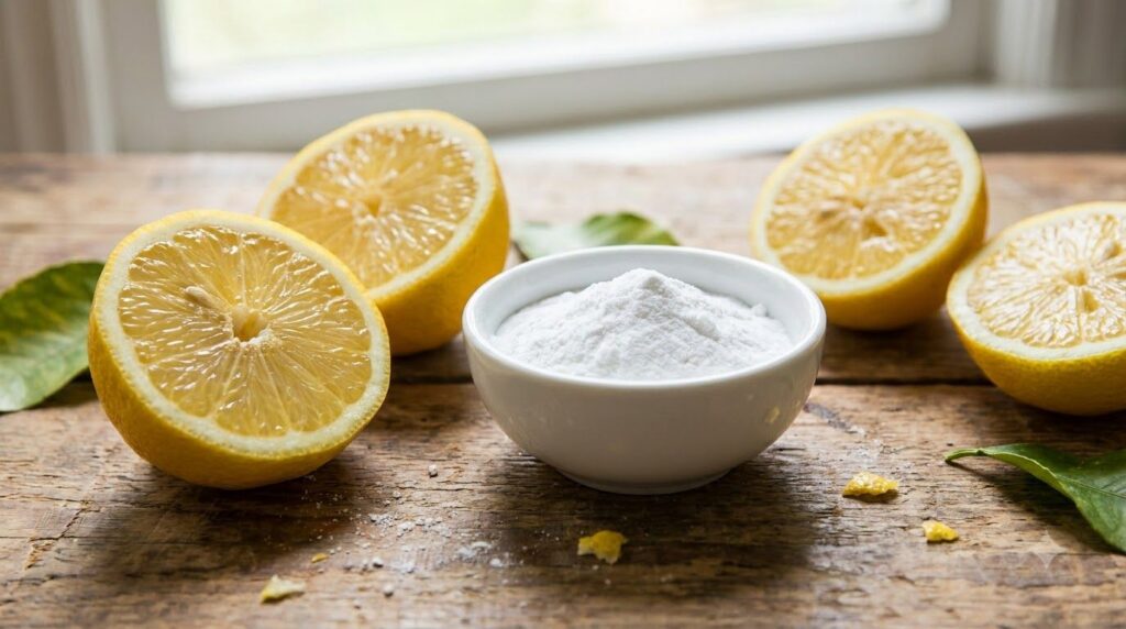 Close up of fresh lemon halves and a bowl of baking soda on a rustic wooden table ready for a DIY beauty recipe