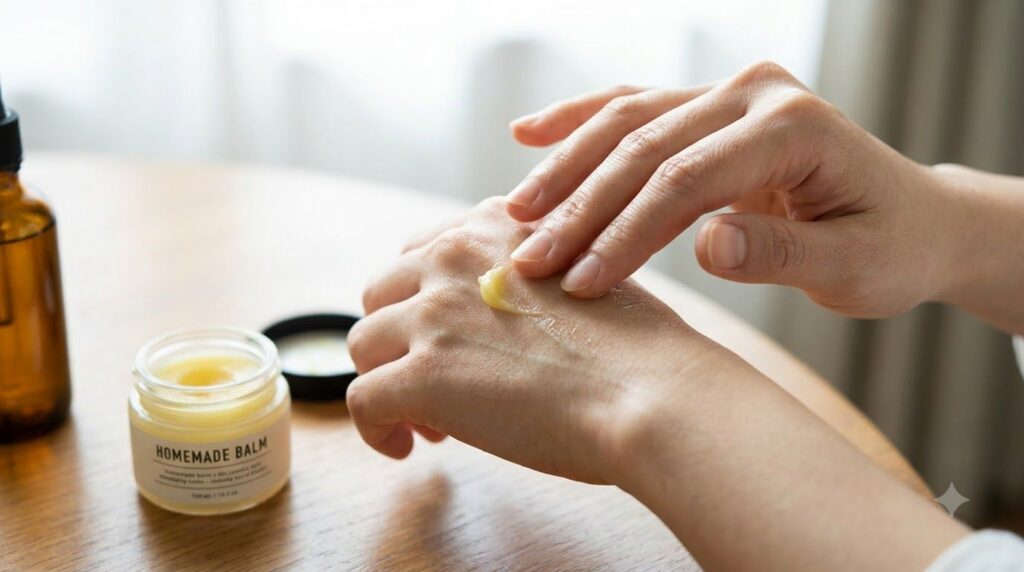 A person s hand gently applying the homemade Vaseline and vitamin E balm to the back of their other hand showing a small