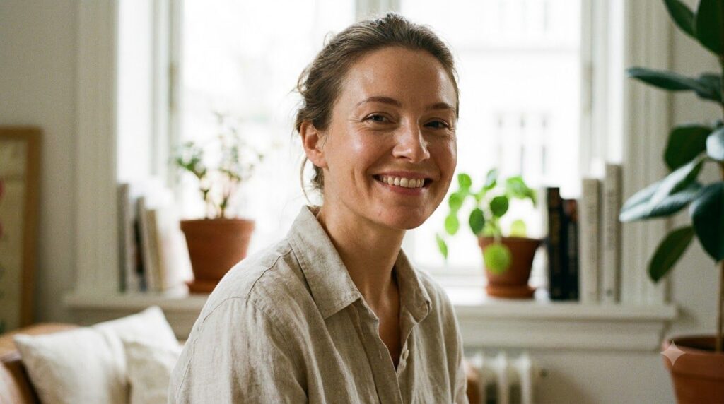 A woman smiling with clear radiant skin looking happy and confident suggesting a natural glow without heavy makeup