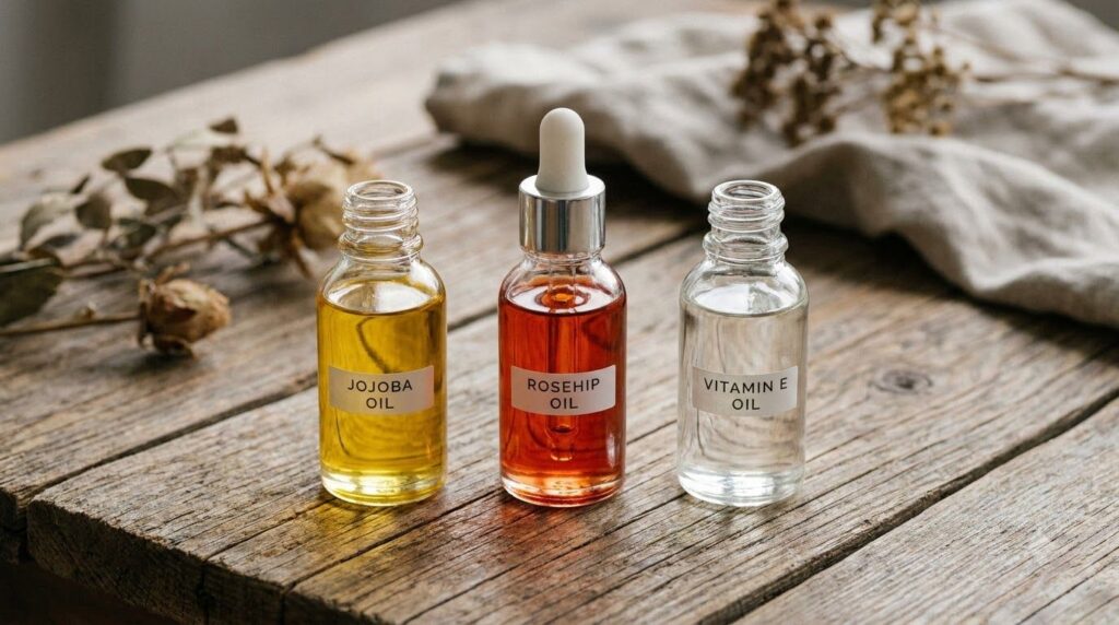 Small glass bottles of jojoba oil rosehip oil and vitamin E oil on a natural wooden surface with a dropper