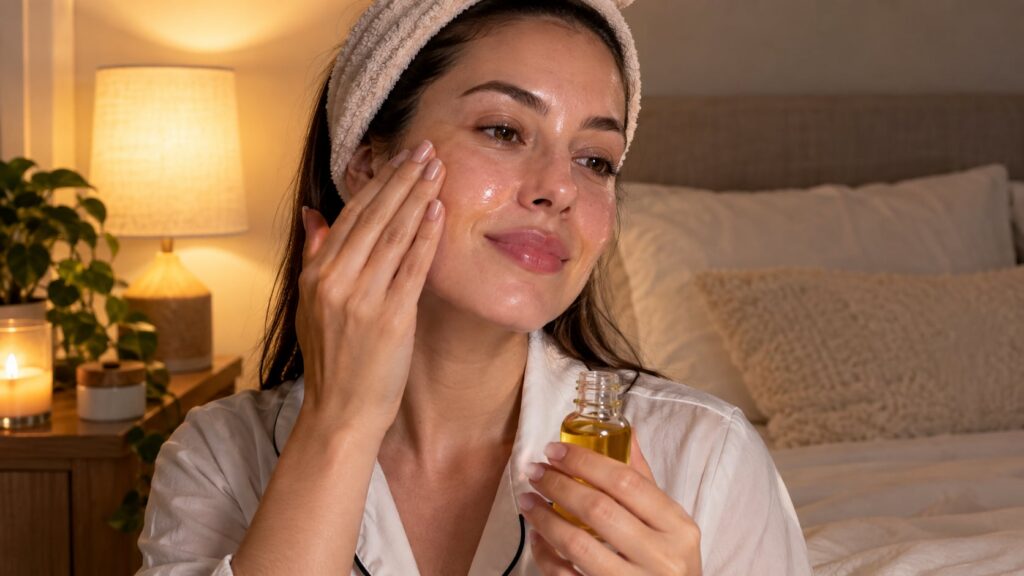 A woman gently massaging a few drops of facial oil onto her clean face at night with soft warm lighting