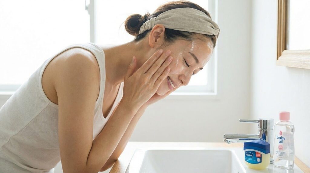 A woman gently massaging the Vaseline and baby oil blend onto her face with her fingertips showing a soft luminous sheen