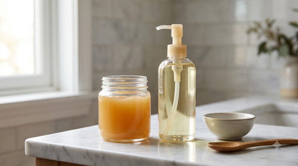 Two clear bottles one of Vaseline petroleum jelly and one of baby oil standing side-by-side on a clean bathroom counter 