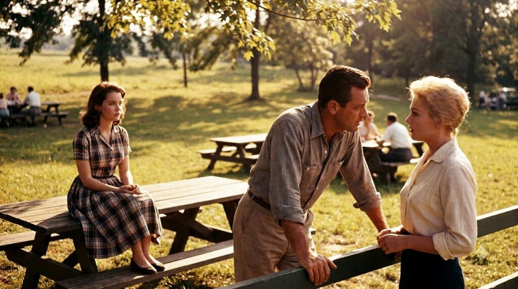 A still from the 1955 film Picnic featuring Susan Strasberg alongside other cast members like William Holden or Kim Nova