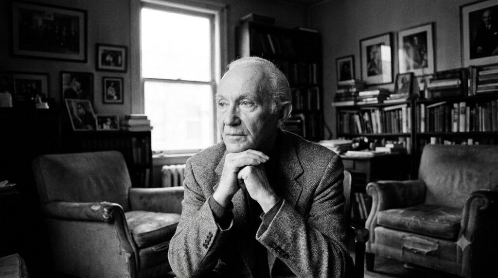 A portrait of Lee Strasberg looking wise and contemplative suitable for a renowned acting teacher possibly in a classroo
