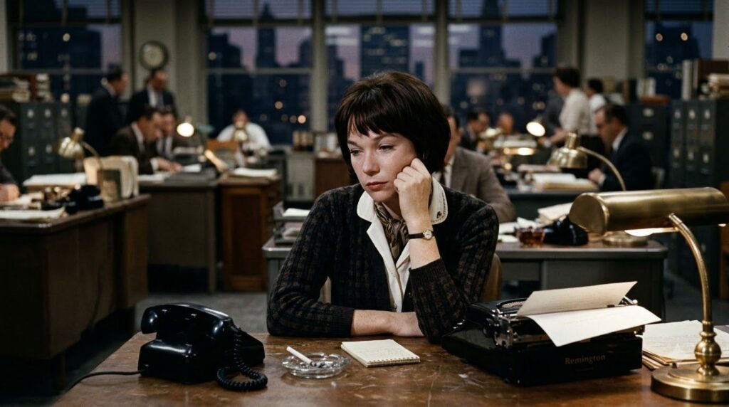 Shirley MacLaine in a scene from The Apartment dressed as Fran Kubelik looking thoughtful or sad