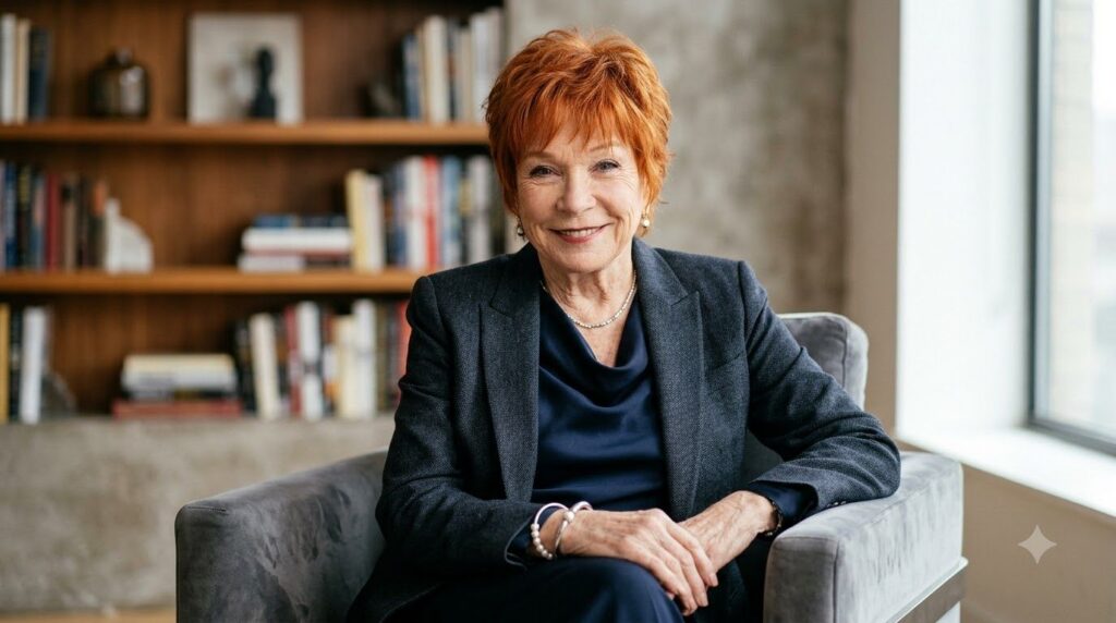 A recent portrait of an older Shirley MacLaine still elegant and distinctive smiling subtly