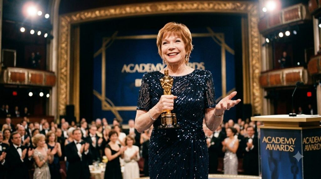 Shirley MacLaine holding her Best Actress Oscar for Terms of Endearment at the Academy Awards ceremony smiling brightly