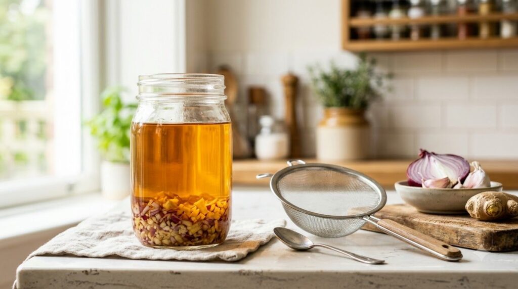 A clear glass jar filled with a light amber liquid onion water with finely chopped red onion garlic and ginger pieces vi