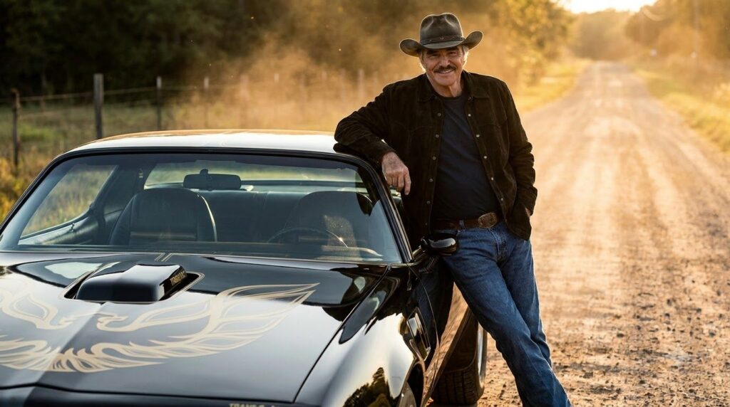 Burt Reynolds in character as Bandit from Smokey and the Bandit leaning against a black Trans Am wearing a cowboy hat an
