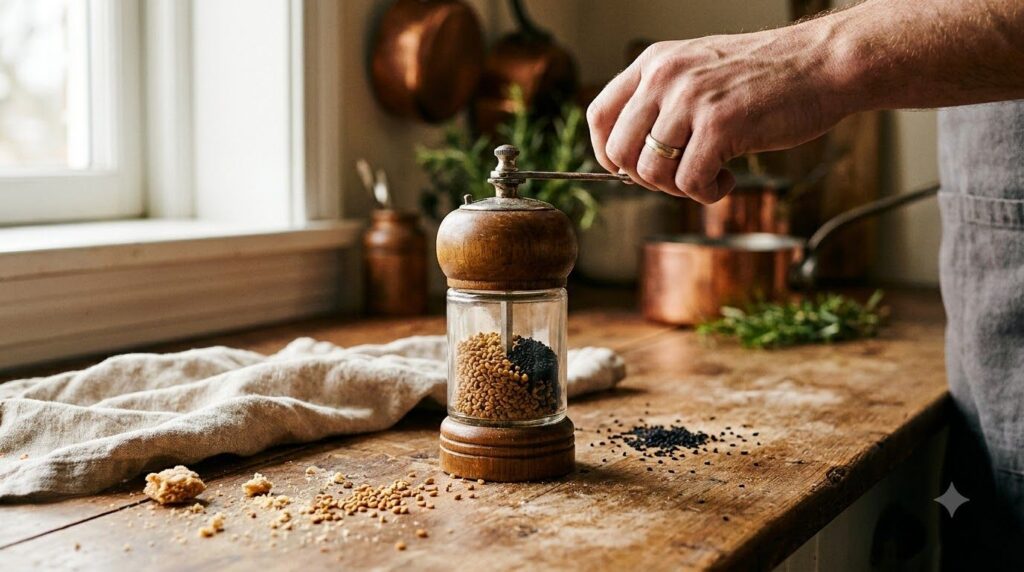 Close-up of fenugreek and black cumin seeds being ground in a spice grinder with flaxseeds and a pot for making gel in t