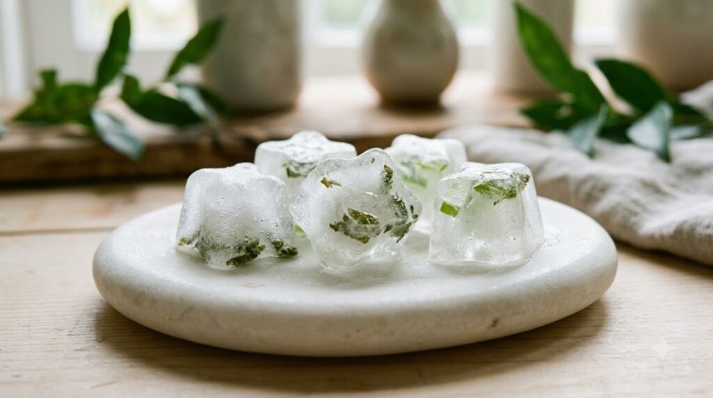 A close-up of a few beautifully shaped beauty ice cubes possibly with visible specks of green tea resting on a small smo