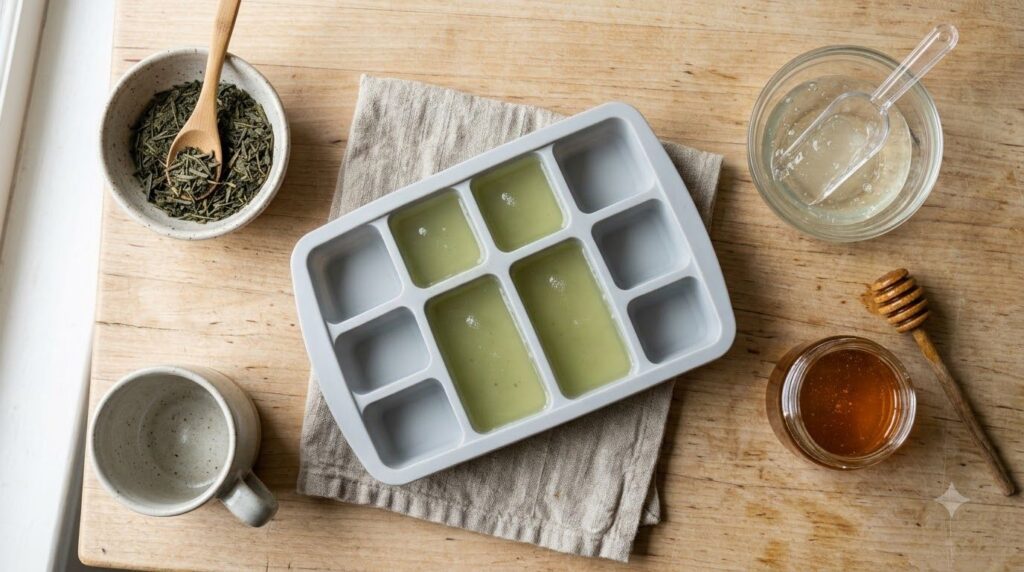 An overhead shot of an ice cube tray filled with a light green liquid mixture ready to be placed in a freezer Nearby are