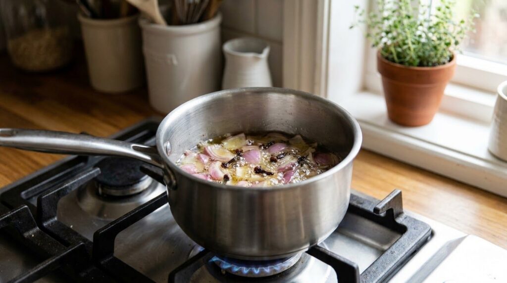 A small saucepan on a stovetop with onion cloves and oil gently simmering indicating the infusion process