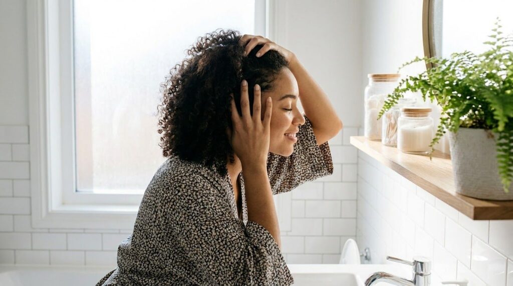 A woman gently massaging her scalp with fingertips showing a healthy nourished scalp implying hair care
