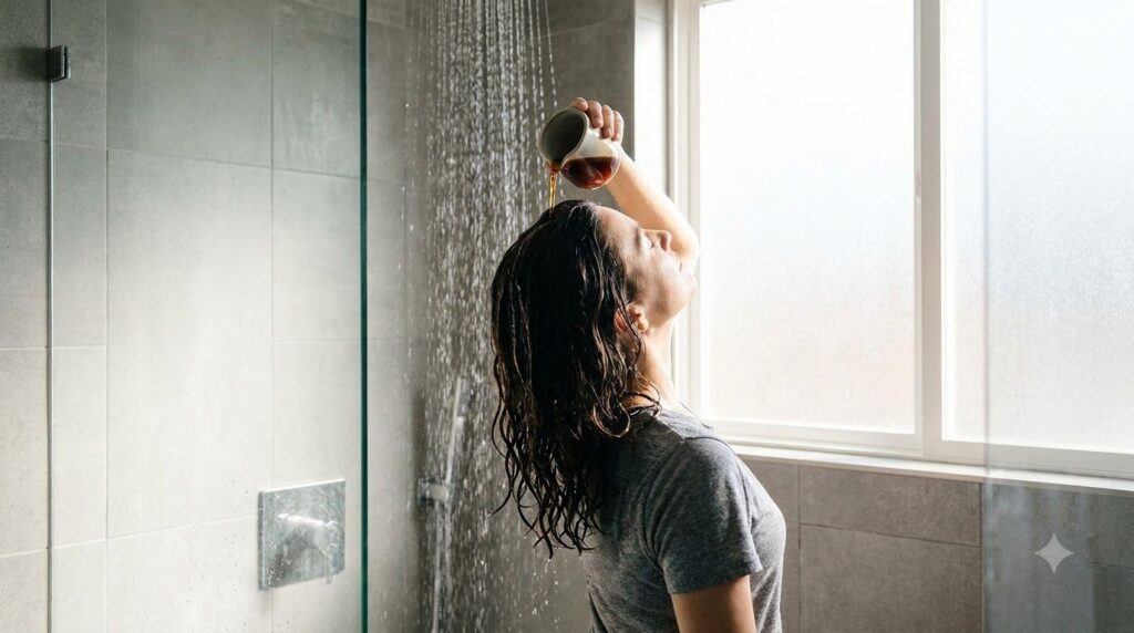A woman gently pouring a dark liquid over her clean wet hair in a shower with a focus on the liquid running down her str
