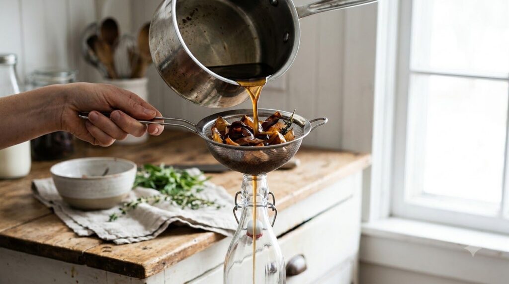 A dark liquid being strained from a pot into a glass bottle with roasted onion peels visible in the strainer indicating 