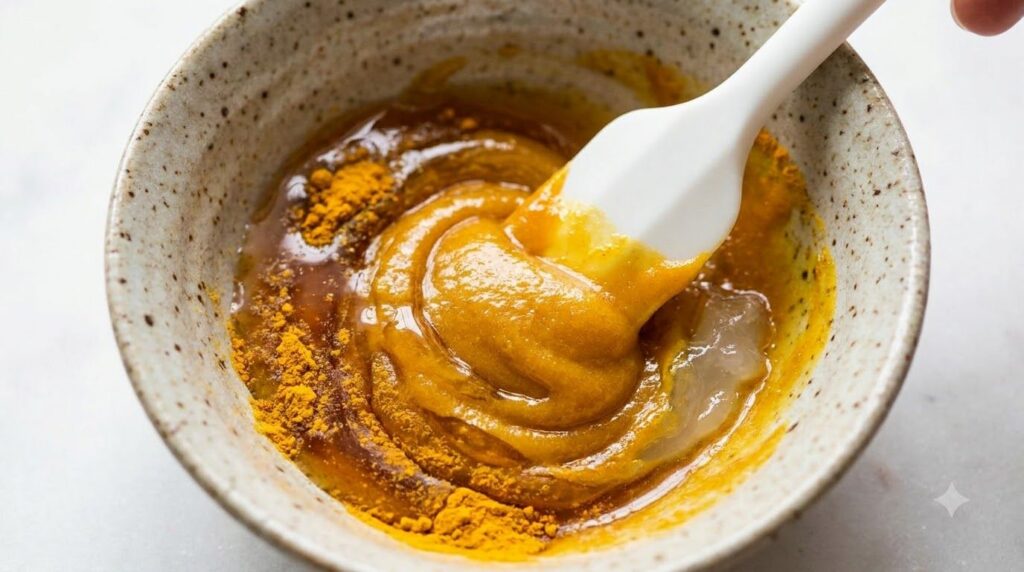 A close-up of a small bowl where Vaseline turmeric powder and honey are being mixed together with a mini spatula The ing