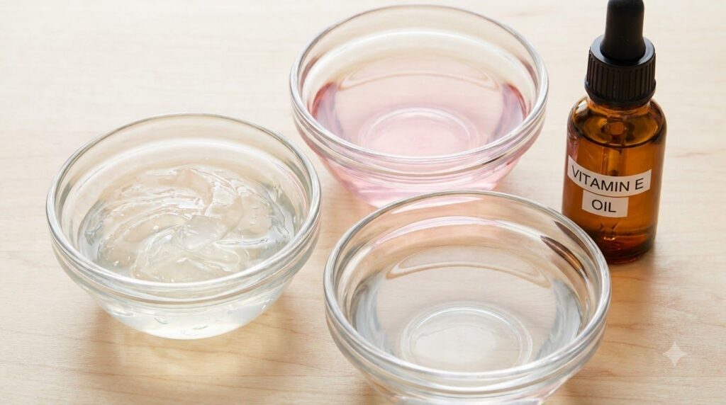 Small glass bowls containing fresh aloe vera gel rose water vegetable glycerin and a small bottle of Vitamin E oil neatl
