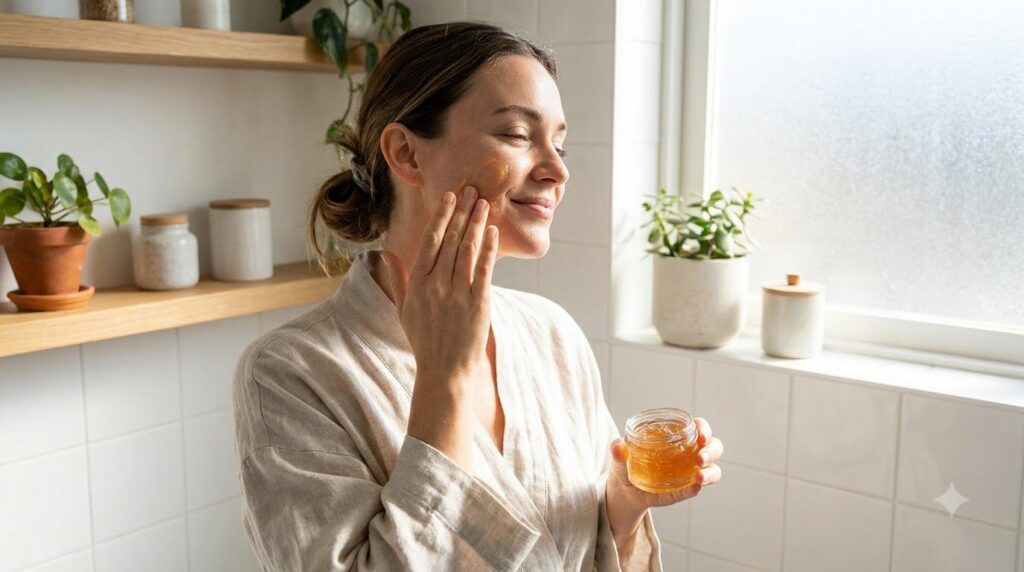 A woman gently applying the homemade glow gel to her face massaging it into her cheek with a soft content expression