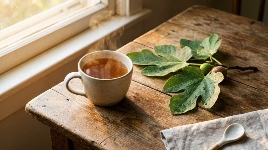 A steaming cup of fig leaf tea with a few fresh fig leaves placed decoratively beside it on a wooden table