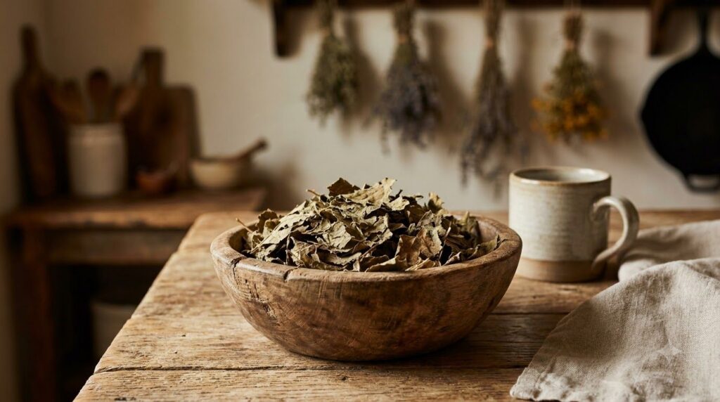 A close-up of dried crumbled fig leaves ready for tea perhaps in a small bowl or on a wooden spoon