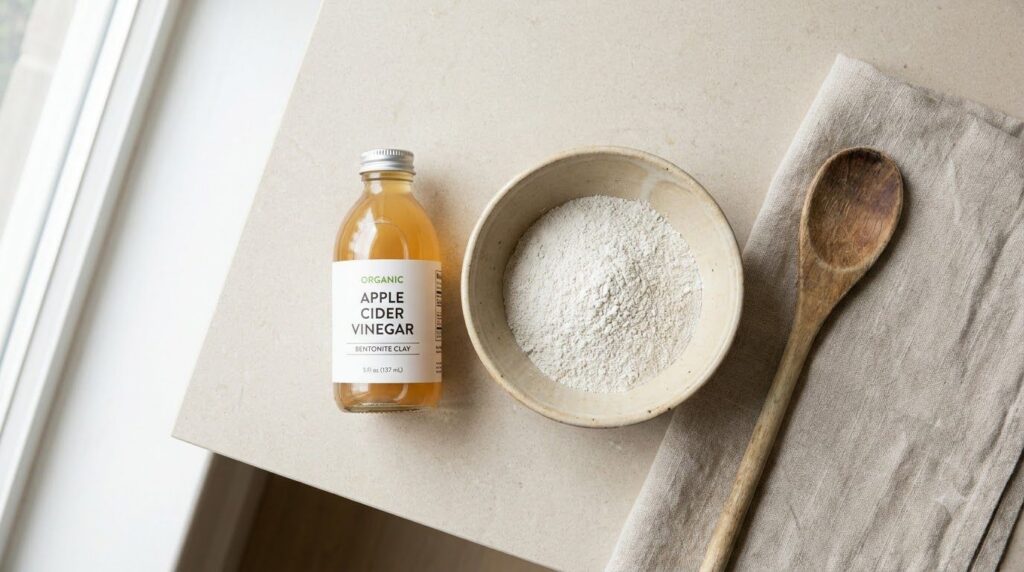 Ingredients for the blemish paste laid out including a bottle of apple cider vinegar a small bowl of white powder and a 