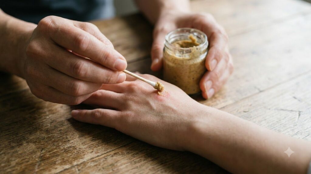 A close-up of a hand gently applying a small dab of the homemade paste to a specific skin blemish on the back of another