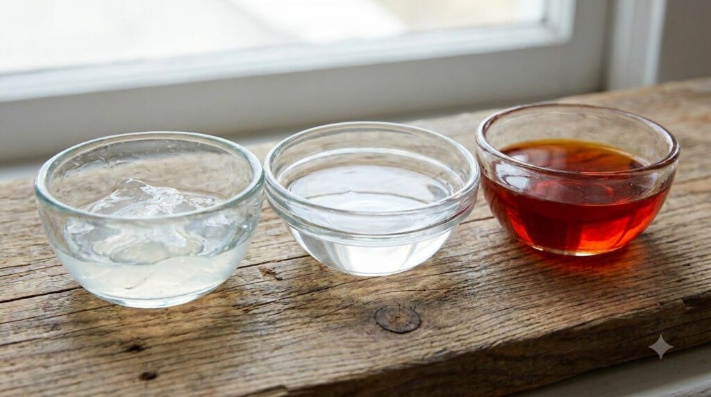 Close-up of three small bowls each containing one of the main ingredients clear aloe vera gel thick clear glycerin and r