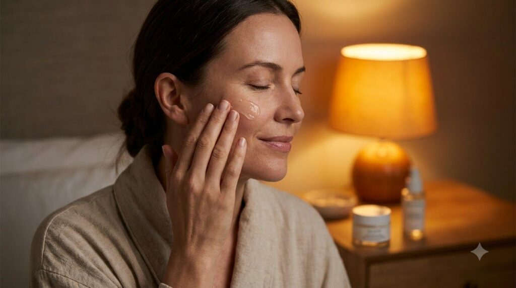 A woman gently applying a small amount of clear gel to her face at night looking refreshed Her fingers are delicately ma