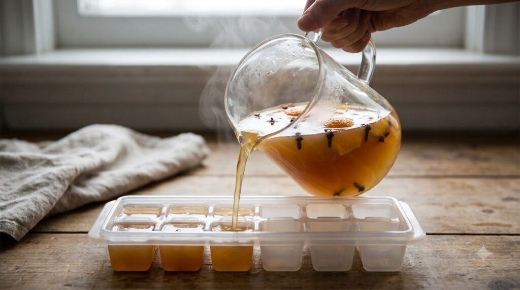 Close-up of an ice cube tray being filled with a golden-brown liquid infused with cloves There are whole cloves visible 