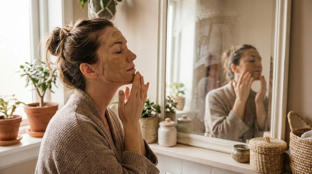 A woman gently applying a creamy face mask to her clean face in the evening Her expression is serene The bathroom lighti
