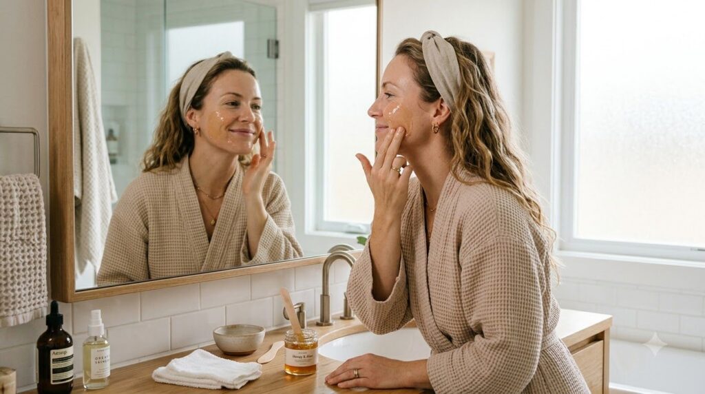A woman applying a thin layer of honey and aloe vera gel mixture to her clean face in a bathroom mirror The mixture shou
