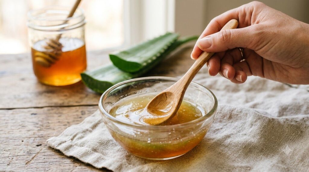 A small glass bowl with a mixture of honey and aloe vera gel being stirred gently with a small spoon The texture should 