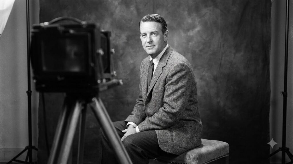 A formal studio portrait of Denver Pyle from the mid-20th century looking distinguished and well-groomed