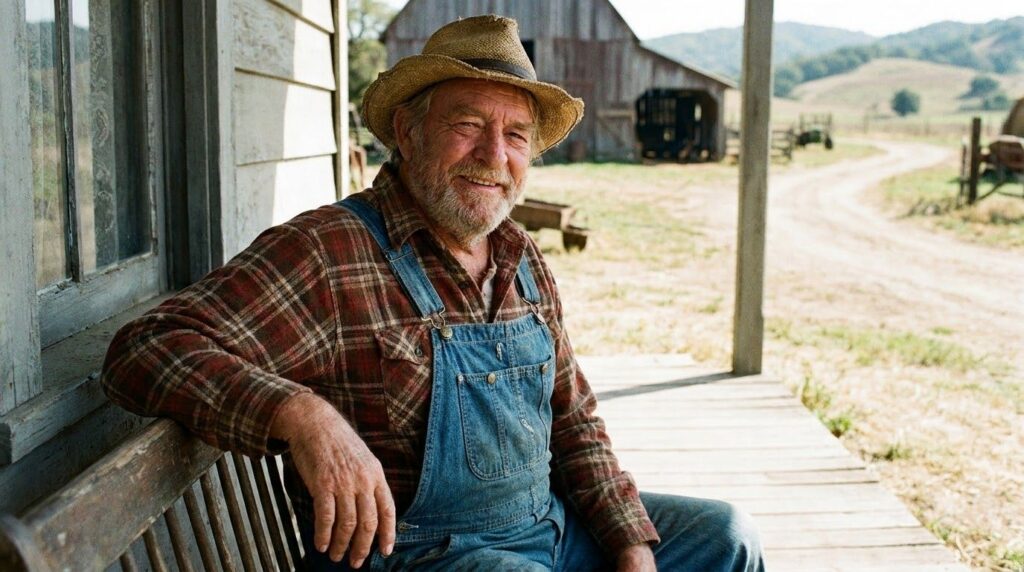 Denver Pyle as Uncle Jesse in The Dukes of Hazzard wearing a plaid shirt and overalls with a friendly wise expression