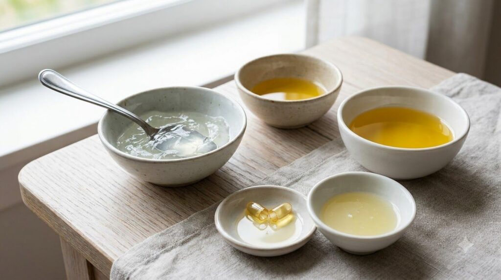 A collection of small bowls containing the ingredients aloe vera gel sweet almond oil a small amount of lemon juice and 