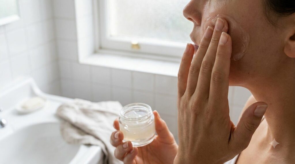 A person s hand gently massaging the homemade gel onto their cheek showing the smooth texture of the gel being absorbed 