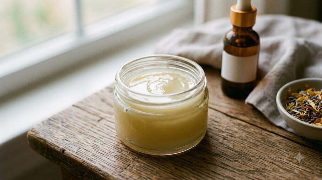 Close-up of a small glass jar containing the Vaseline and baby oil mix appearing smooth and glossy A dropper bottle of b