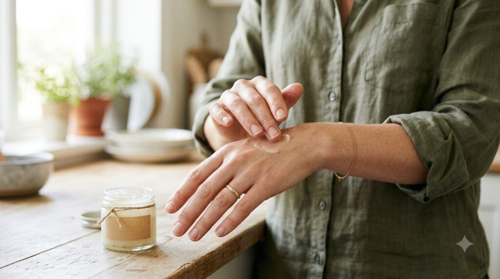 A woman applying a small amount of a homemade Vaseline mix to her hand gently rubbing it into her skin Her skin appears