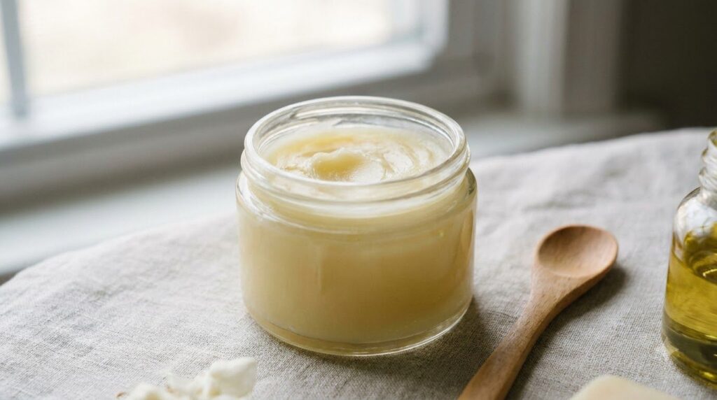 Close-up of a small glass jar containing the freshly mixed Vaseline and Vitamin E oil balm with a soft focus background