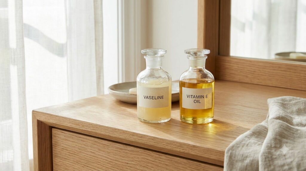 Two small bottles one of Vaseline and one of Vitamin E oil placed on a vanity table with a few green leaves in the backg