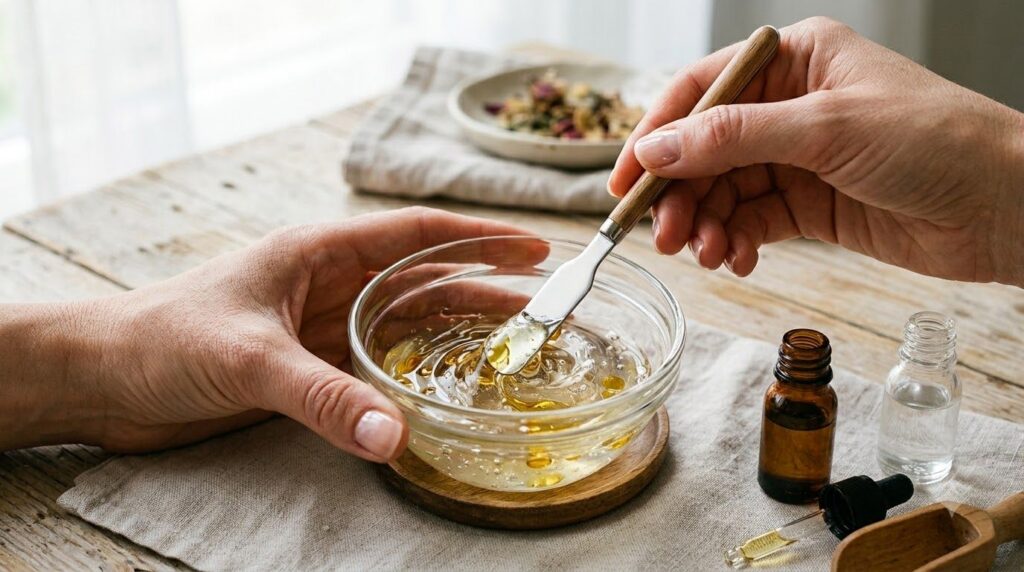 Close-up of hands mixing aloe vera gel glycerin and vitamin E oil in a small glass bowl with a tiny spatula