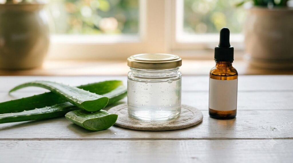 Small jar of homemade night gel next to fresh aloe vera leaves and a bottle of glycerin on a clean white surface