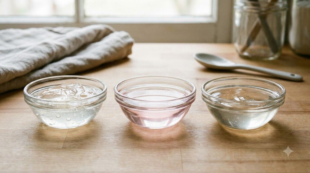 Three small bowls or containers showing aloe vera gel rose water and vegetable glycerin as separate ingredients on a cle