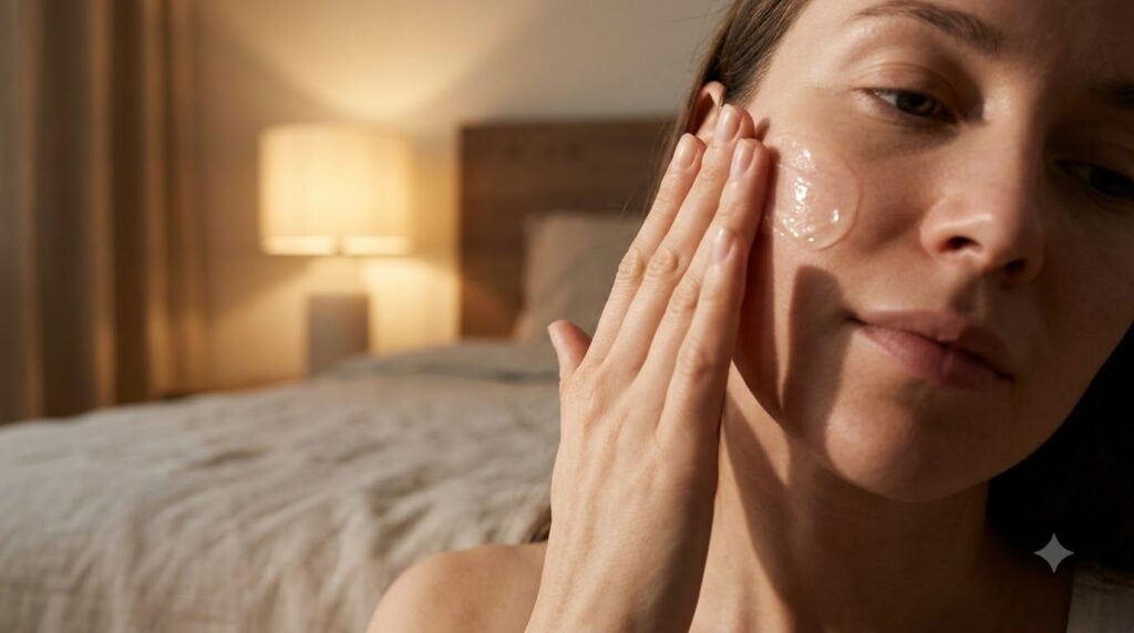 A woman gently applying a small amount of the clear night gel to her clean face before bed showing a close-up of her han