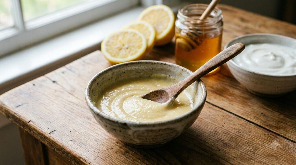 A close-up shot of a small bowl containing the creamy homemade dark spot fading paste with a wooden spoon mixing it Ingr