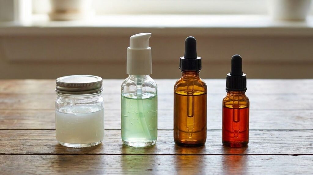Individual ingredients for a DIY skin gel a small container of Vaseline a bottle of aloe vera gel a bottle of vitamin E 