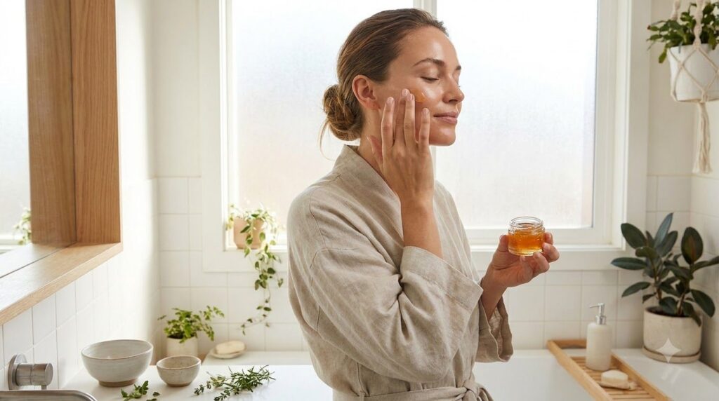 A woman gently massaging a small amount of the DIY Vaseline skin gel onto her cheek with a soft glowing complexion in a 