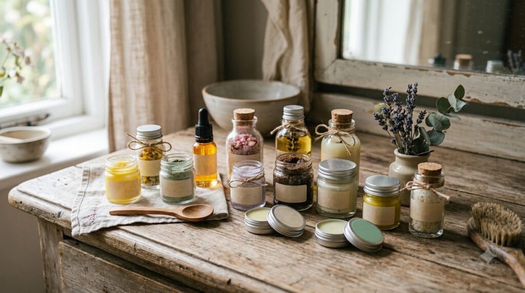 A collection of small simple DIY beauty containers such as tiny jars or tins neatly arranged on a natural wood surface s